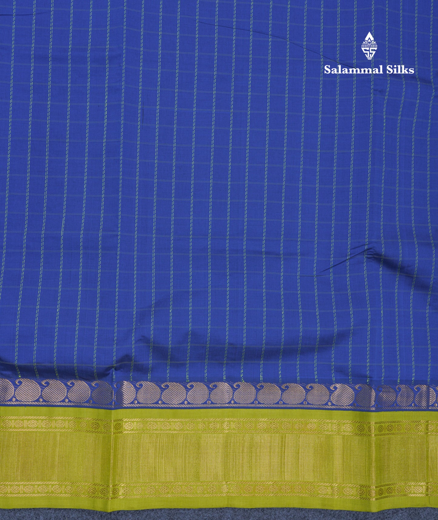 Blue Checks Semi Silk Cotton Saree With Contrast Parrot Green Traditional Border