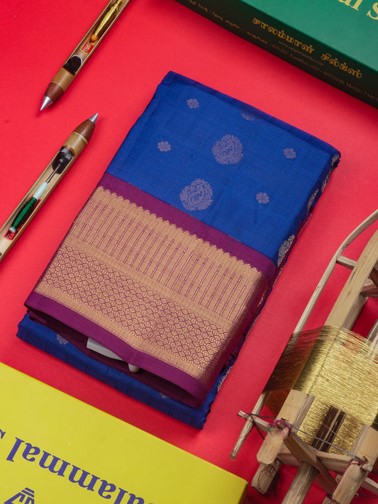 Blue Colour Pure Kanjivaram Silk Saree With Contrast Vadamalli Border
