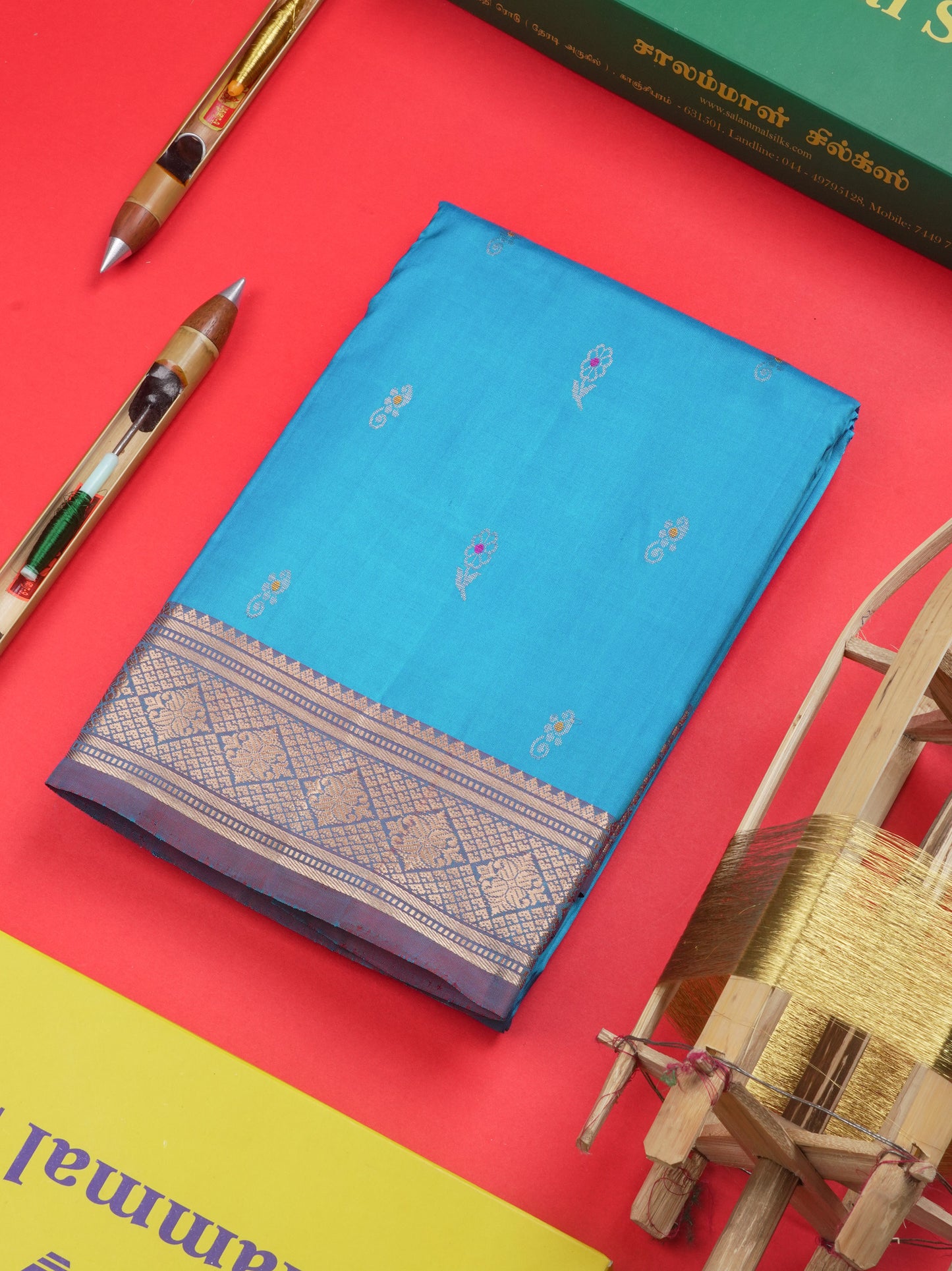 Kanjivaram Light Ramar Blue Pure Silk Saree With Olive Blue Blouse