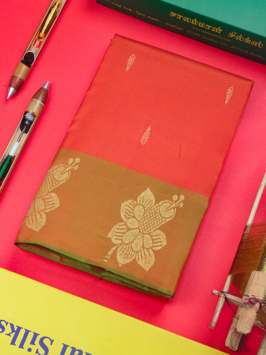 Orange Shade Pure Kanjivaram Silk Saree With Fancy Green Border