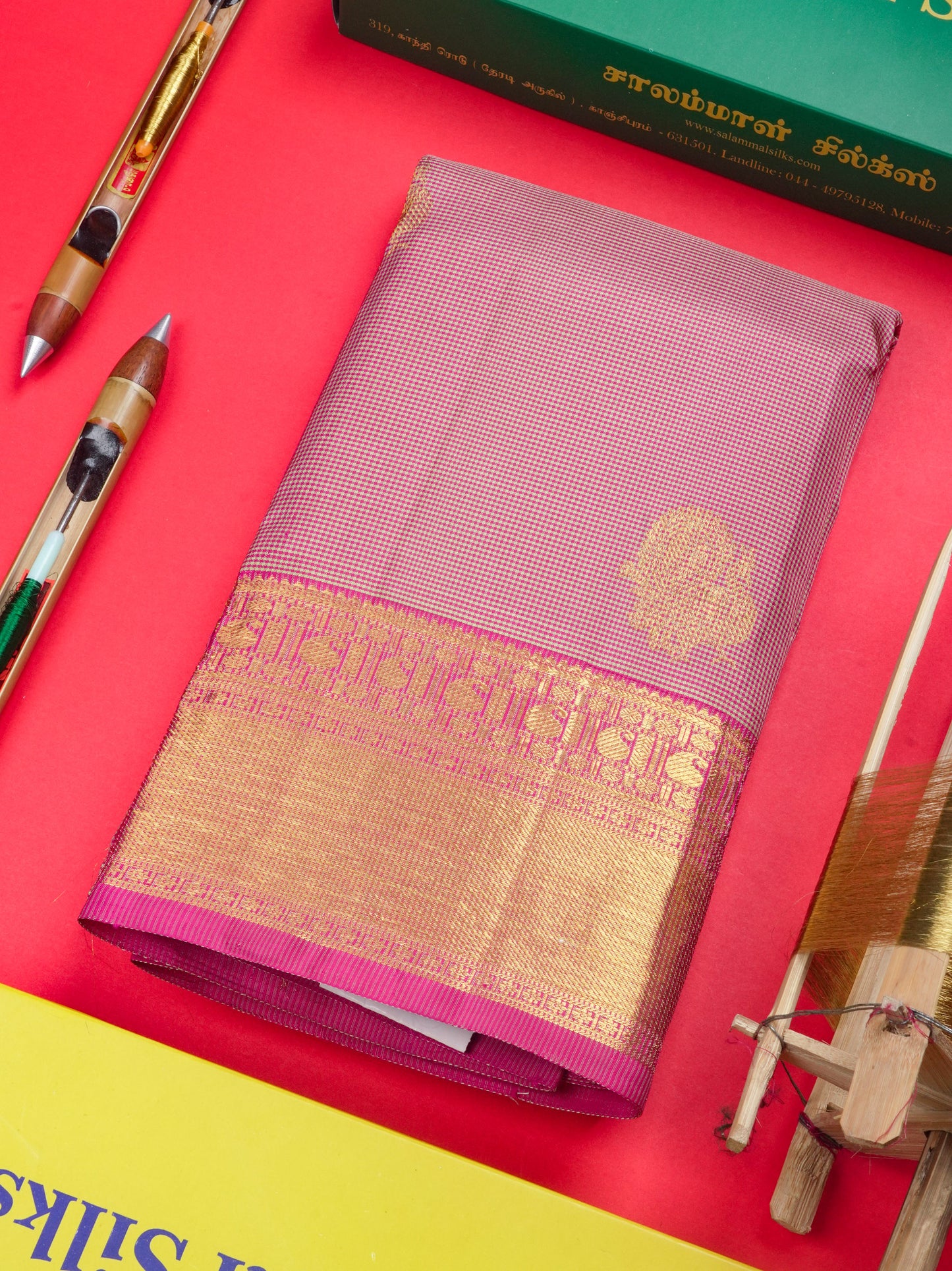 Pink & White Petty Checks Kanjivaram Pure Silk Saree with Pink Blouse