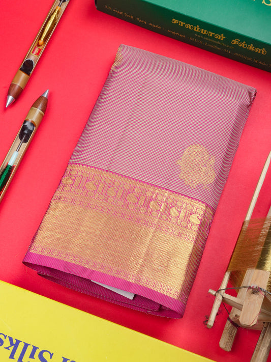 Pink & White Petty Checks Kanjivaram Pure Silk Saree with Pink Blouse
