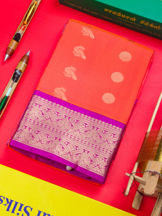 Pinkish Orange Colour Pure Kanjivaram Silk Saree With Contrast Magenta Border