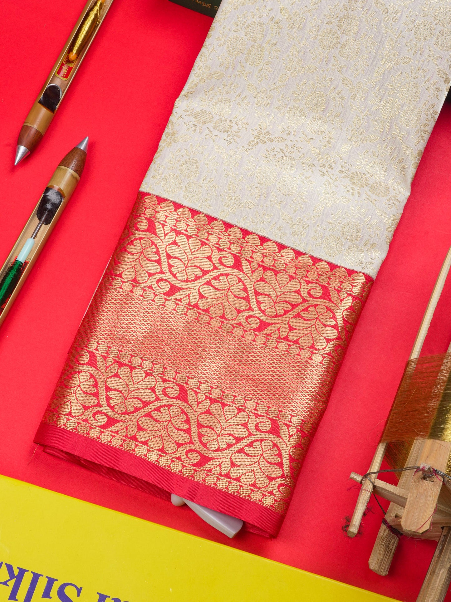 Semi Silk Pattu Pavadai ( Half White ) With Chilly Red Blouse 36"