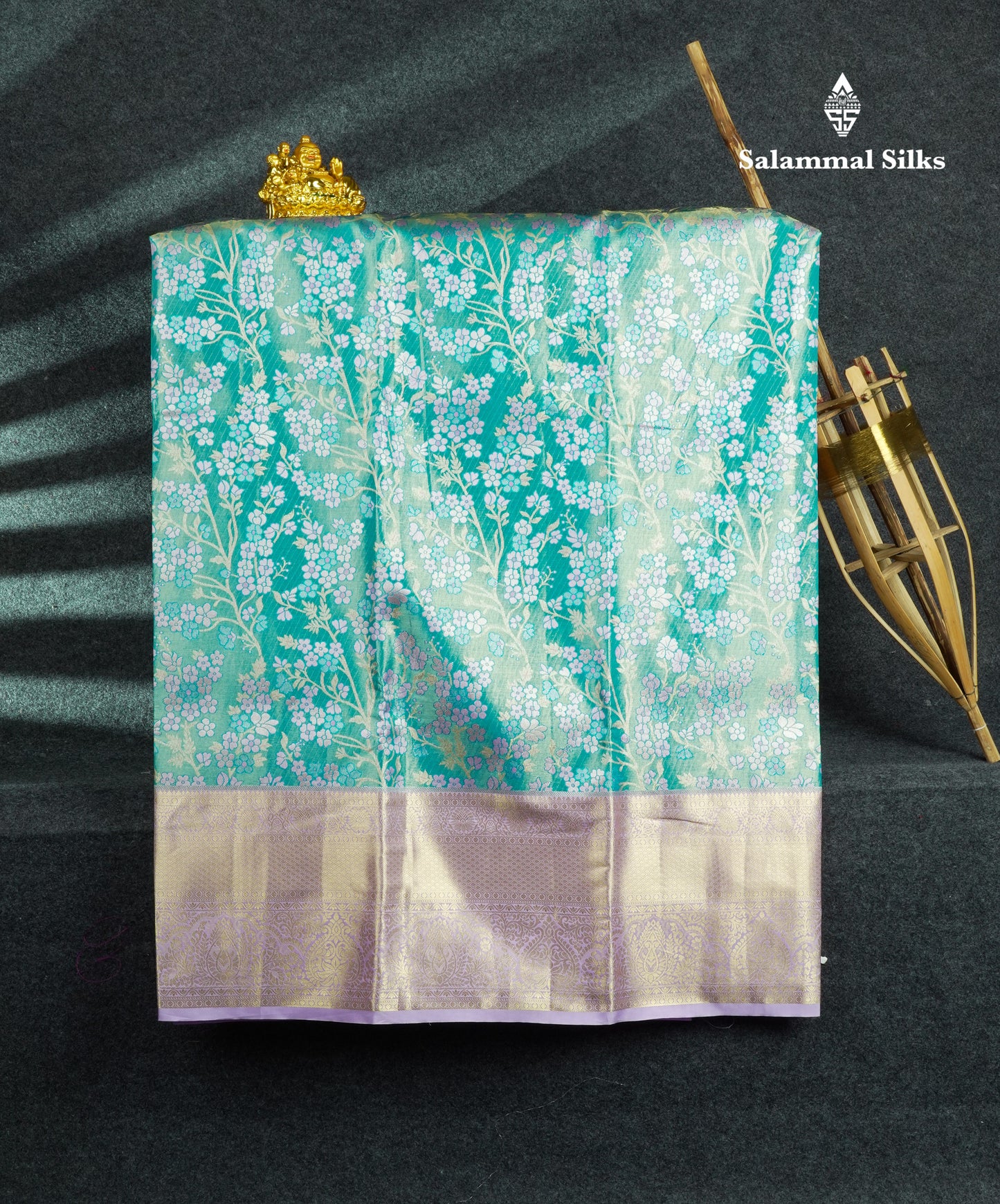 Semi Silk Pattu Pavadai Tissue (Sea Blue) With Lavender Blouse 44"