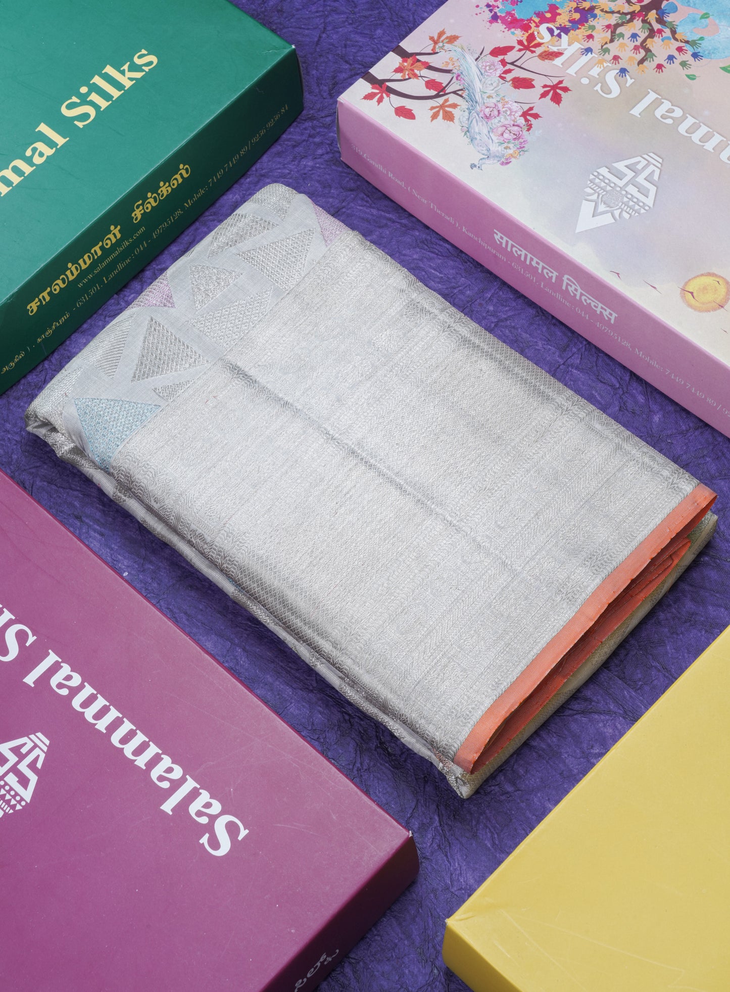 Geometric patter Silver Tissue Pure Kanjivaram Silk Saree (2G) Zari With Silver Zari Border