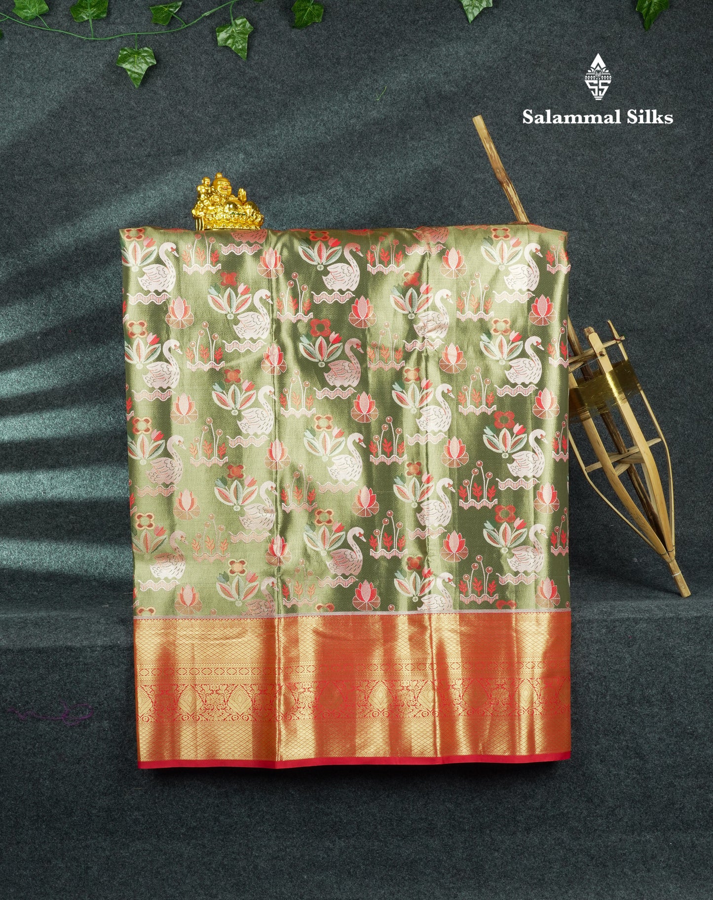 Semi Silk Pattu Pavadai Tissue (Army Green) With Red Blouse 44"