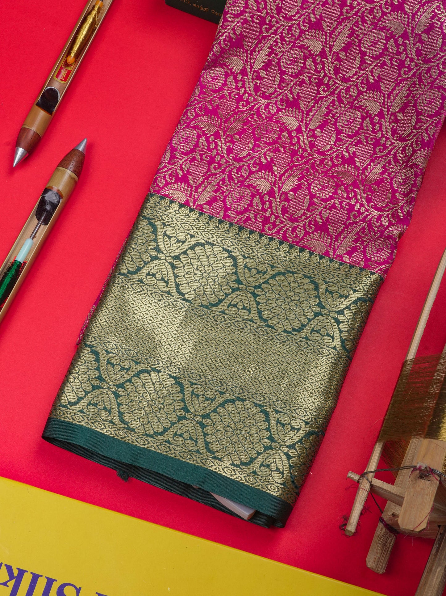 Semi Silk Pattu Pavadai ( Magenta ) With Bottle Green Blouse 36"