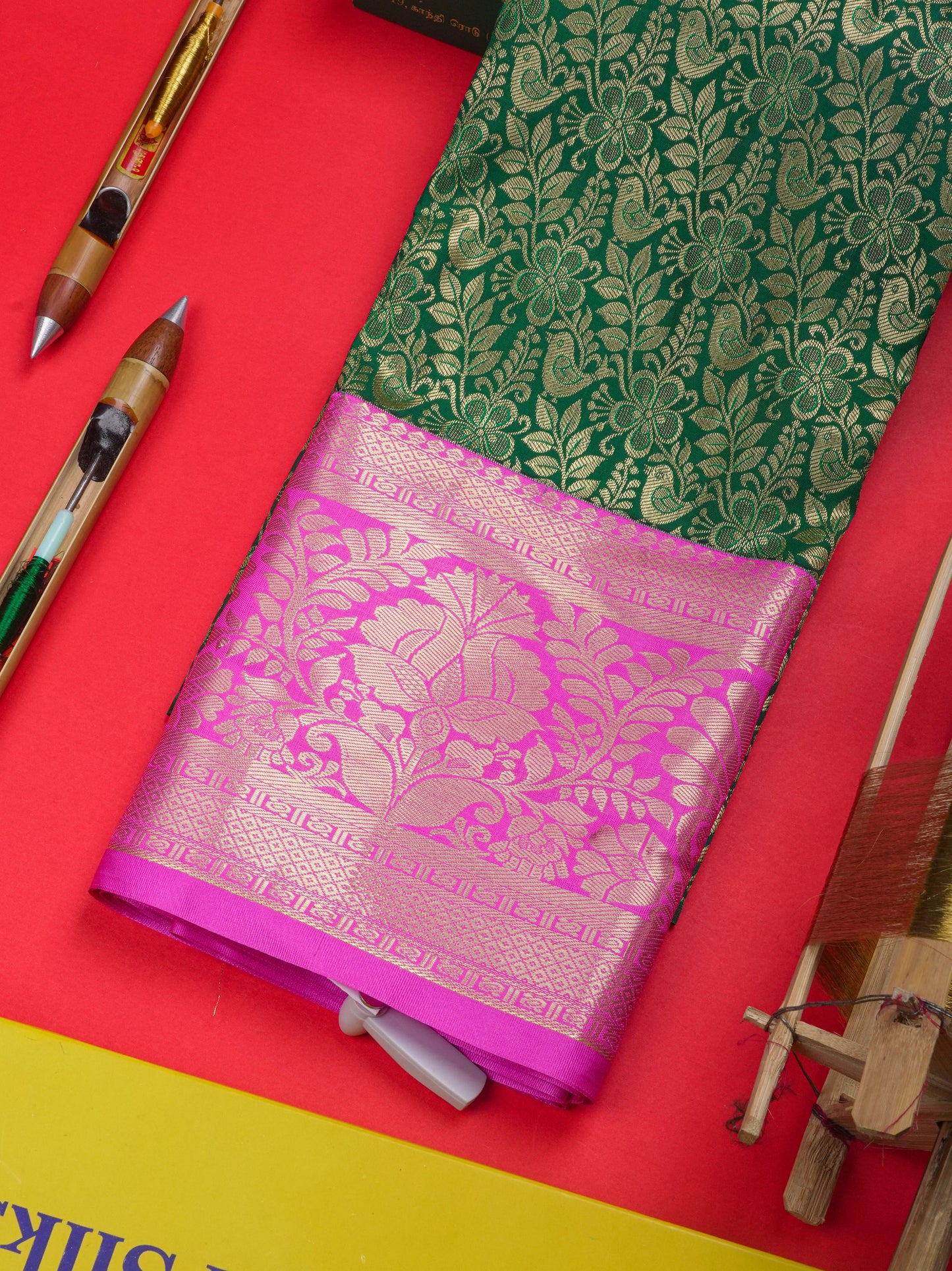 Semi Silk Pattu Pavadai ( Bottle Green ) With Pink Blouse 36"