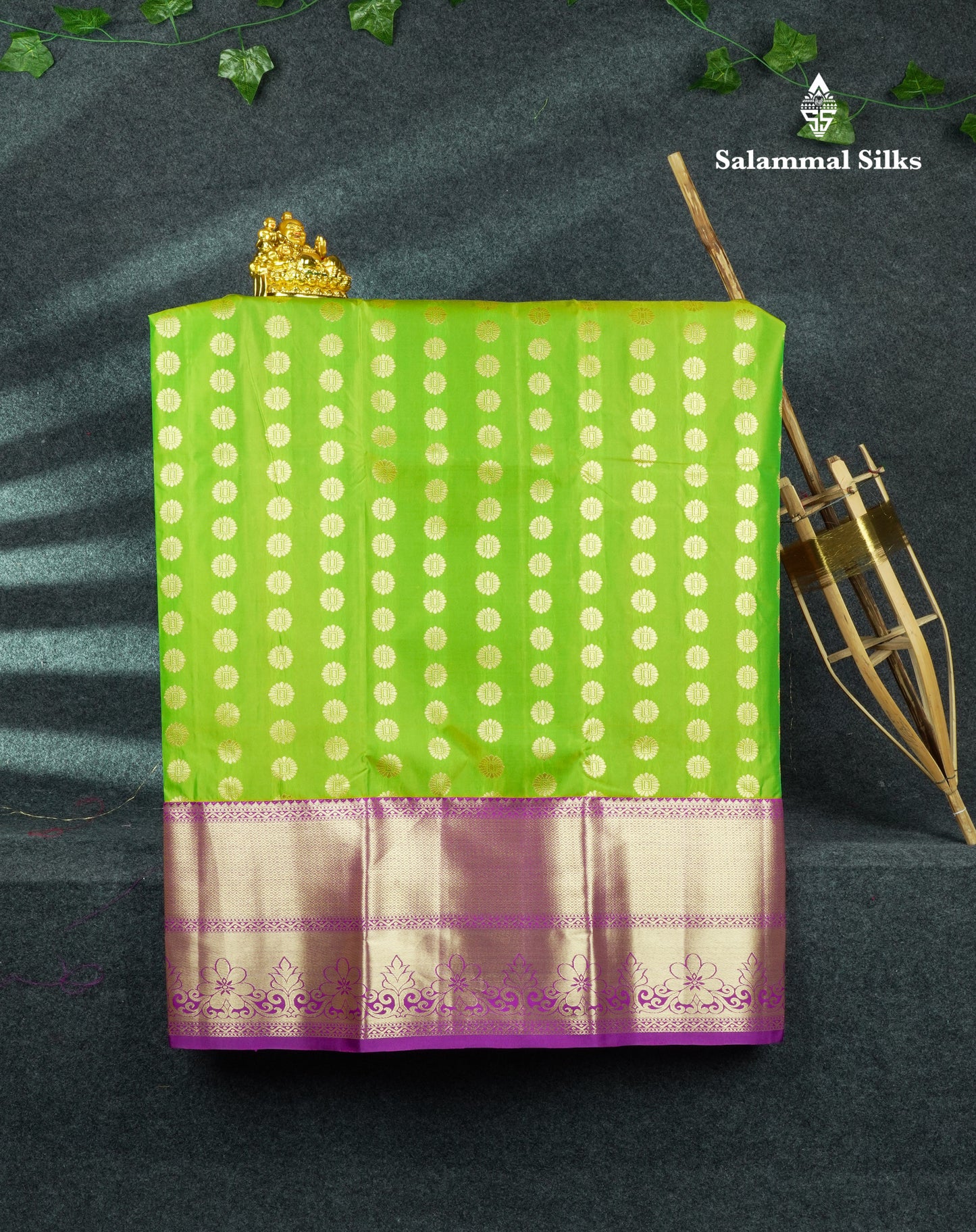 Semi Silk Pattu Pavadai (Parrot Green) With Purple Blouse 44"