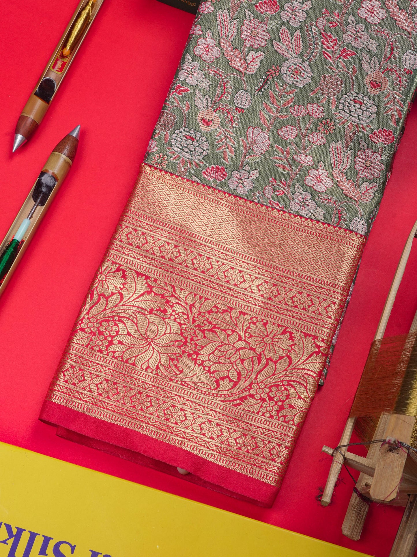Semi Silk Pattu Pavadai Tissue ( Green ) With Red Blouse 36"