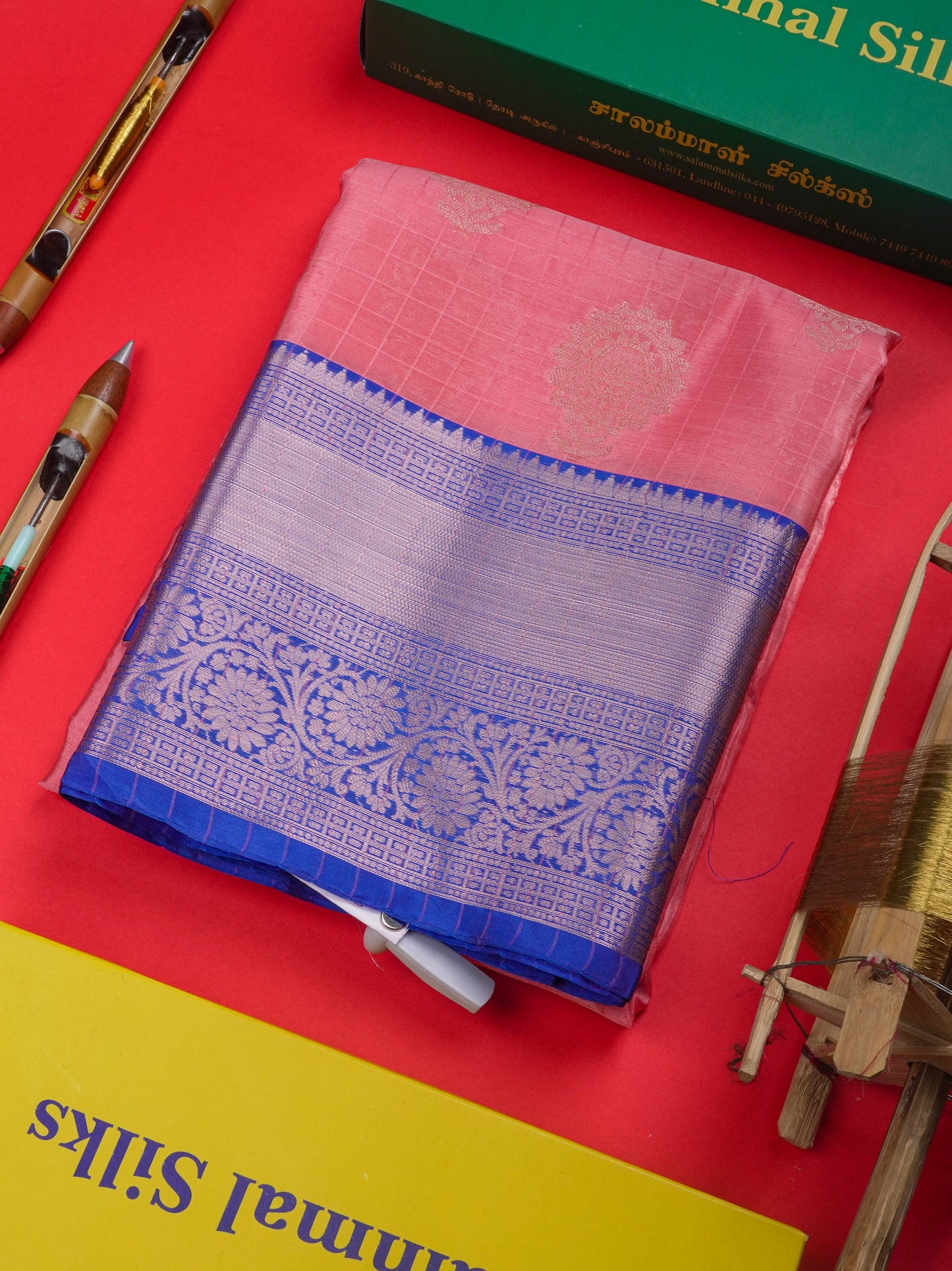 Peach Colour Small Checks Semi Silk Saree With Royal Blue Border