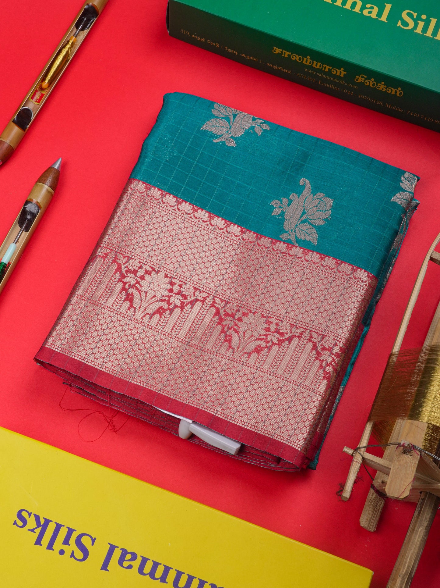Peacock Green Colour Small Checks Semi Silk Saree With Contrast Chilly Red Border
