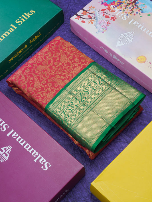 Red Pure Kanjivaram Silk Saree (2G) Zari With Contrast Bottle Green Border