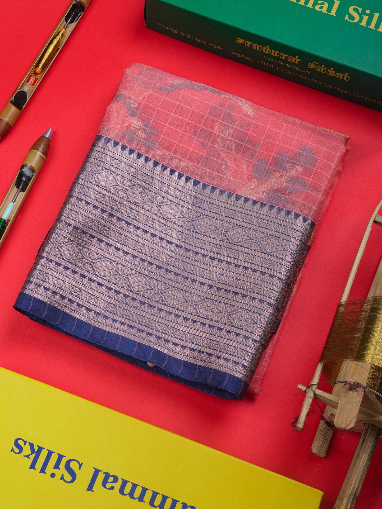 Peach Colour Small Checks Semi Silk Saree With Contrast Blue Shade Border