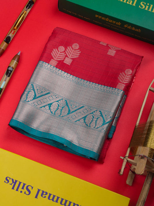 Chilly Red Colour Semi Silk Saree With Contrast Peacock Green Border