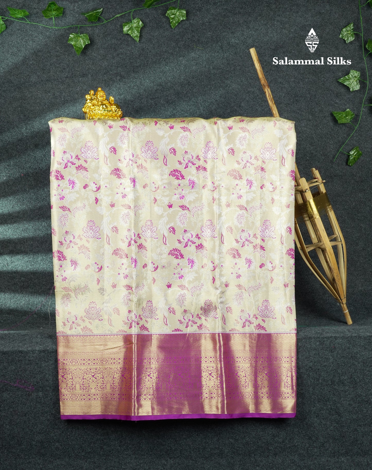 Semi Silk Pattu Pavadai (Beige) With Purple Blouse 44"