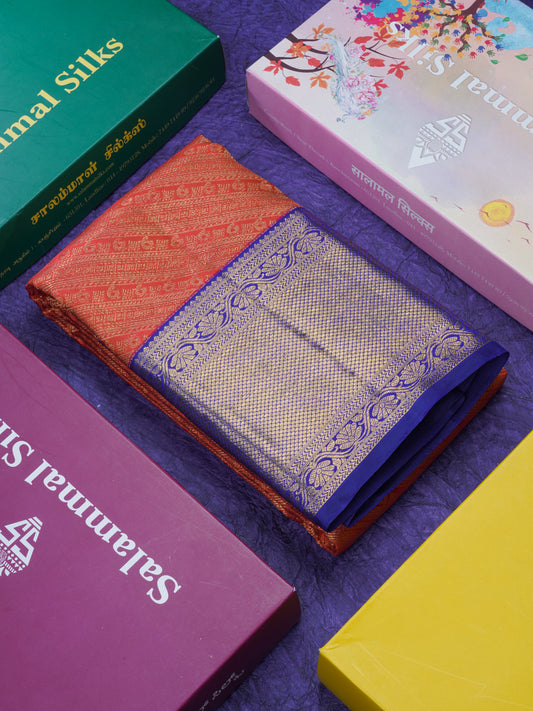 Tomato Red Pure Kanjivaram Silk Saree (2G) Zari With Contrast Navy Blue Border