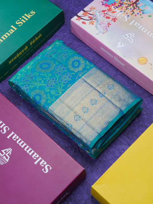 Peacock Green Pure Kanjivaram Silk Saree Pure Zari (3G) with Traditional Gold Zari Border