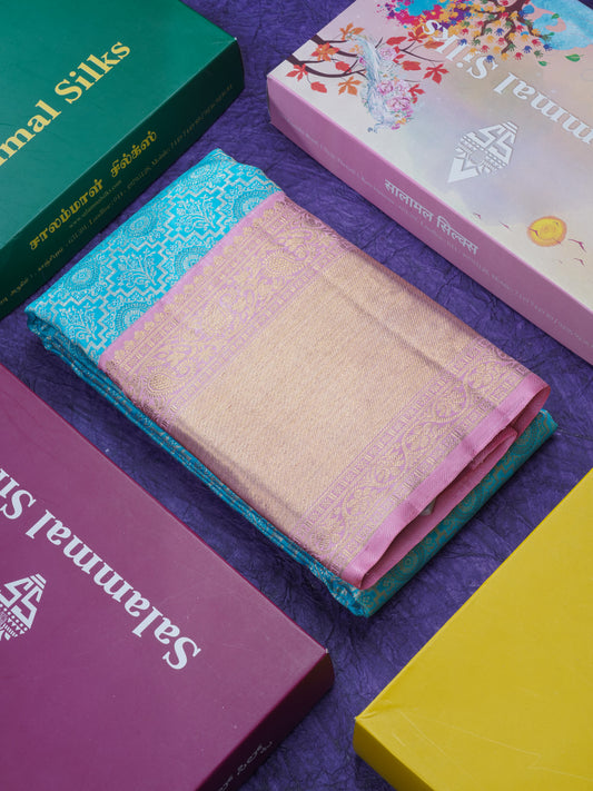 Sky Blue Pure Kanjivaram Silk Saree 3G Zari with Contrast Baby Pink Border