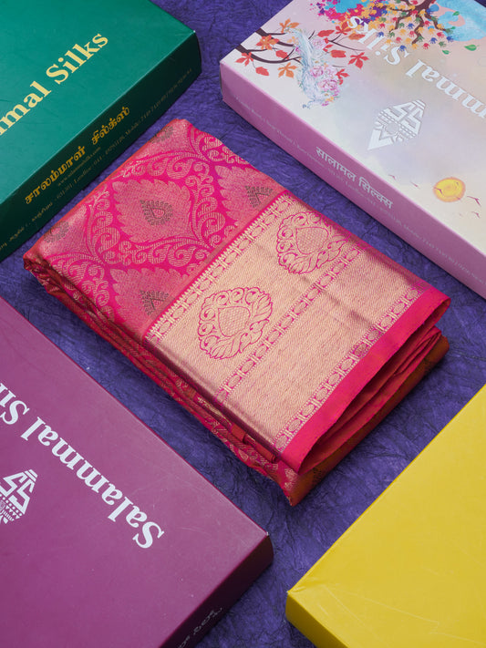 Pinkish Red Pure Kanjivaram Silk Pure Zari Saree with Gold Zari Border