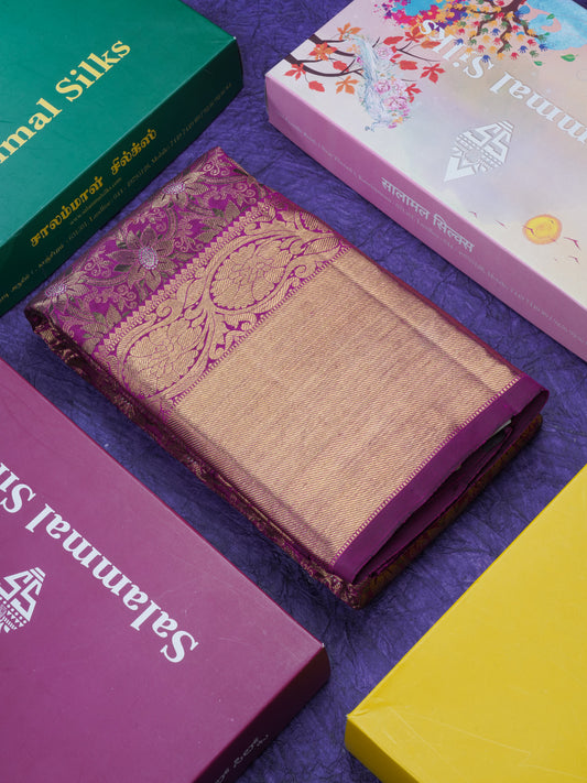 Beautiful Magenta Pure Kanjivaram Silk Saree 3G Zari with Gold Zari Border