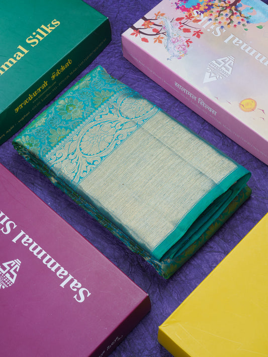 Peacock Green Pure Kanjivaram Silk Saree 3G Zari with Gold Zari Long Border