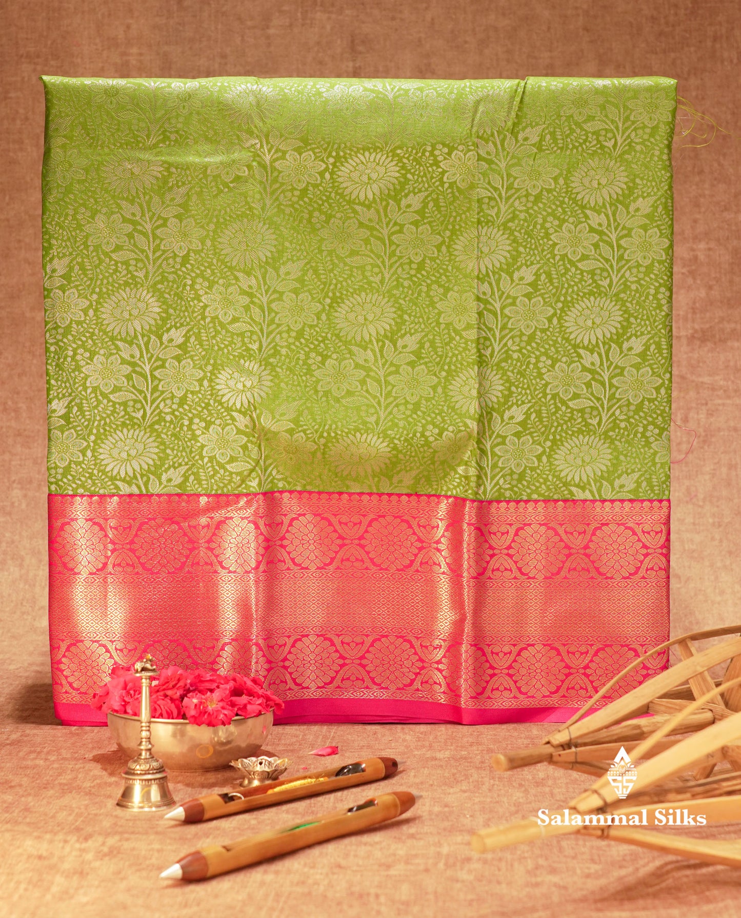 Semi Silk Pattu Pavadai ( Green ) With Pink Blouse 36"