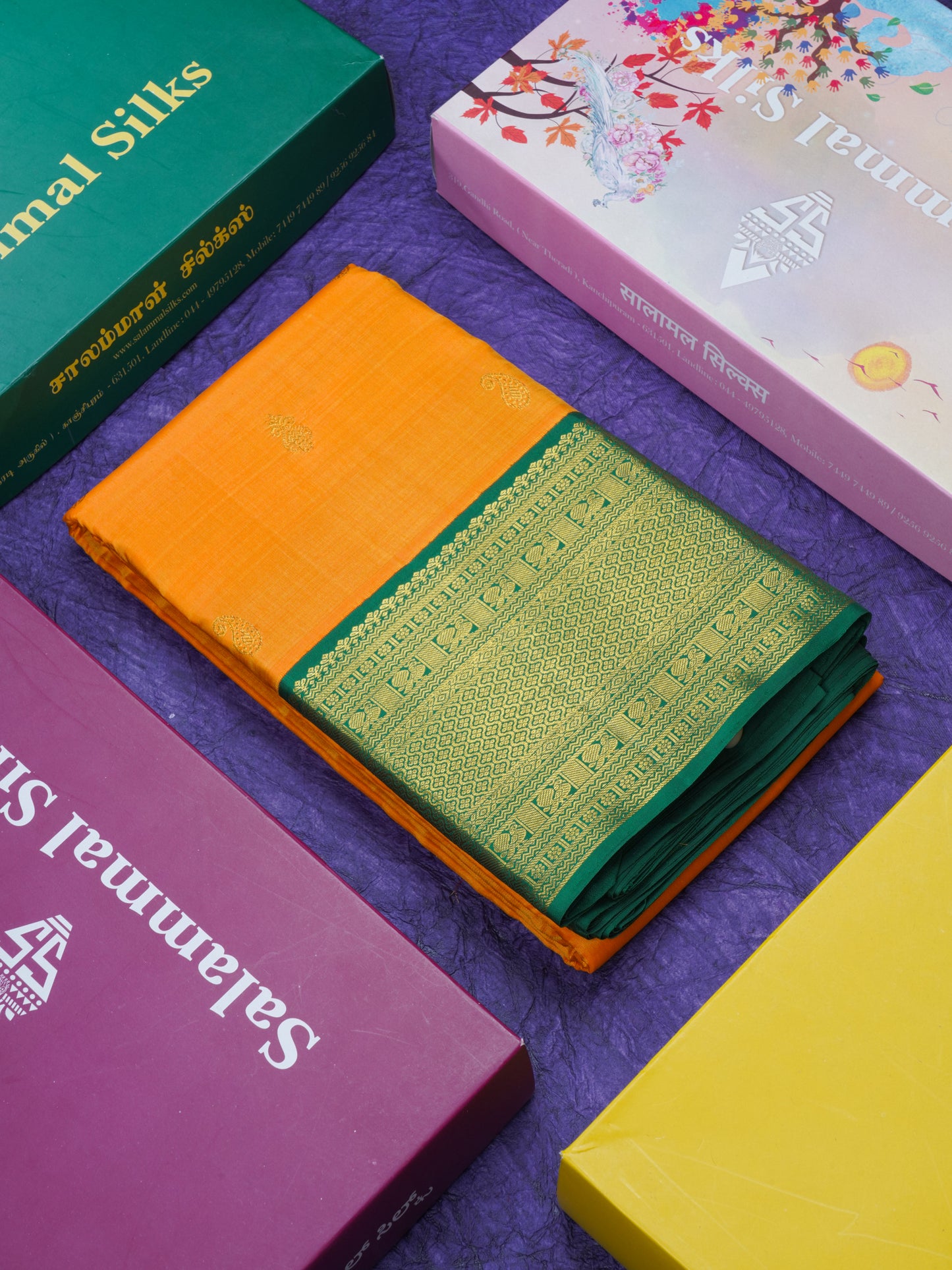 Korvai Mango Yellow Pure Kanjivaram Silk Saree With Contrast Bottle Green Traditional Border