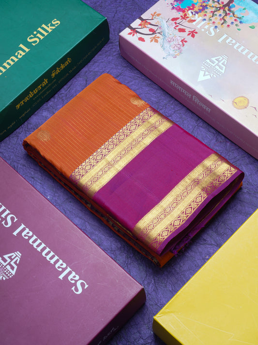 Rust Orange Vaira Oosi With Butta Pure Kanjivaram Silk Saree With Contrast Purple Evening Morning Border