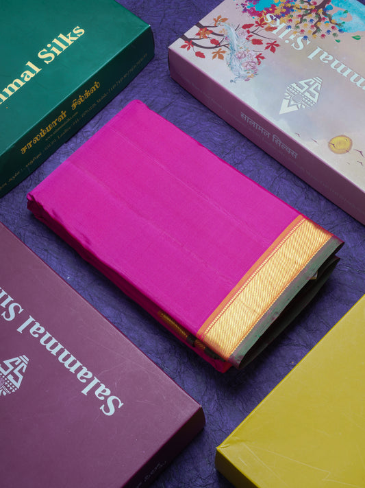 Magenta Pink Plain Pure Kanjivaram Silk Saree With Contrast Mustard Yellow Small Border