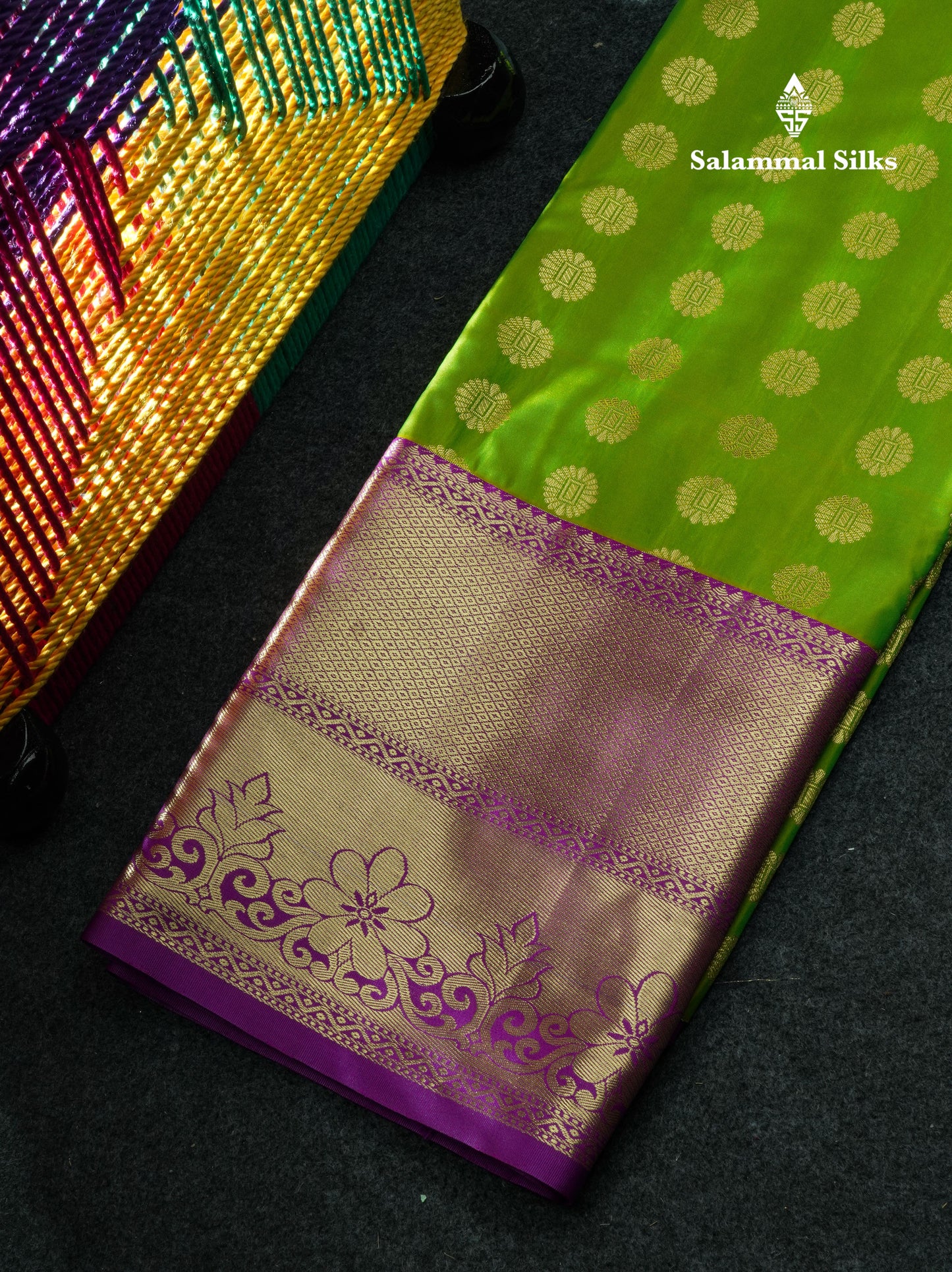 Semi Silk Pattu Pavadai (Parrot Green) With Purple Blouse 44"