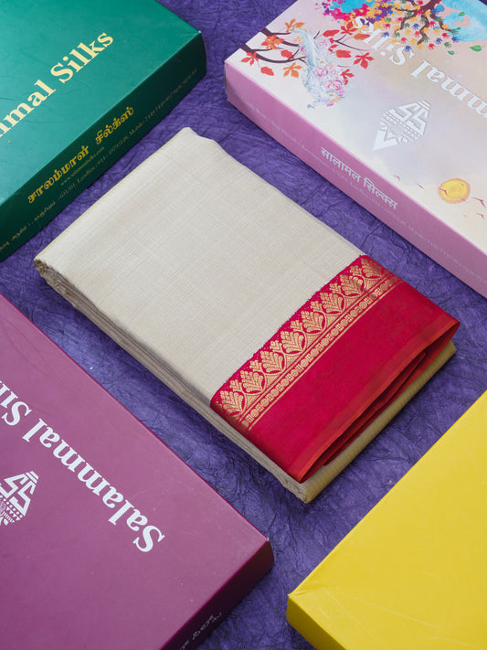 Korvai Cream Sandal Vaira Oosi Pure Kanjivaram Silk Saree With Contrast Maroon Traditional Small Border