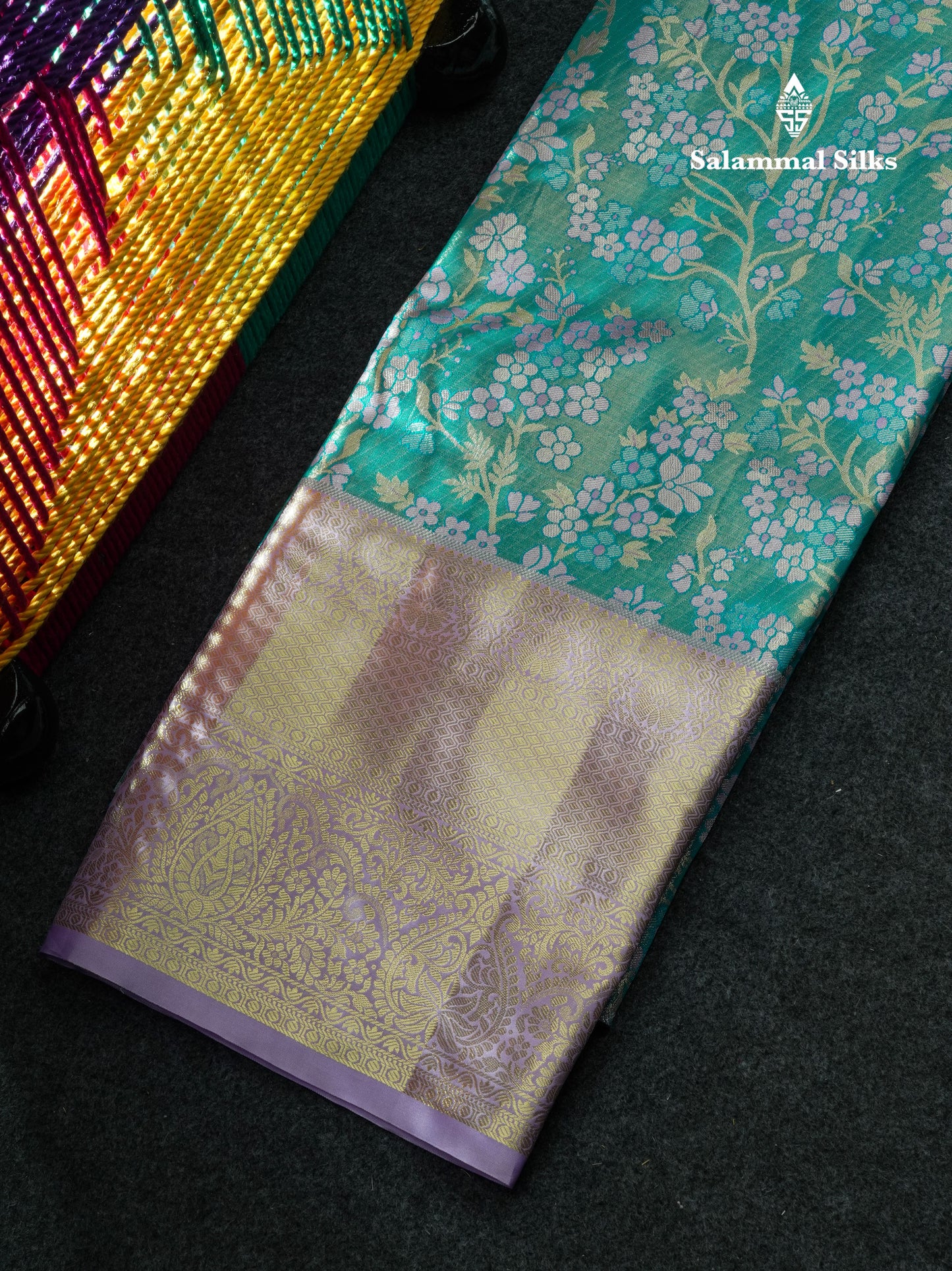Semi Silk Pattu Pavadai Tissue (Sea Blue) With Lavender Blouse 44"