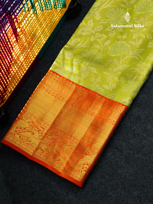 Pure Silk Pattu Pavadai Tissue (Parrot Green) With Orange Blouse 44"