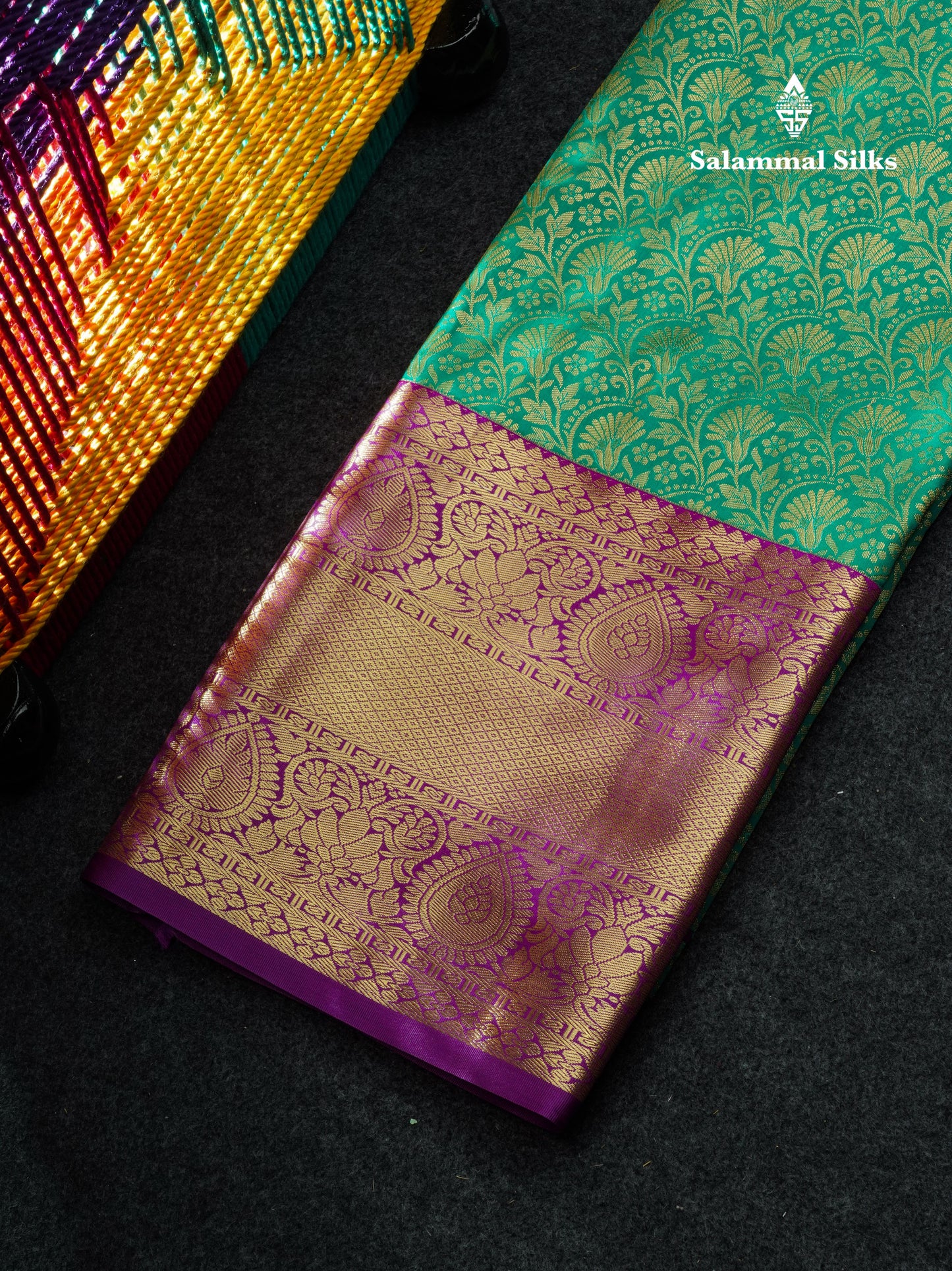 Semi Silk Pattu Pavadai (Saffire Green) With Purple Blouse 44"