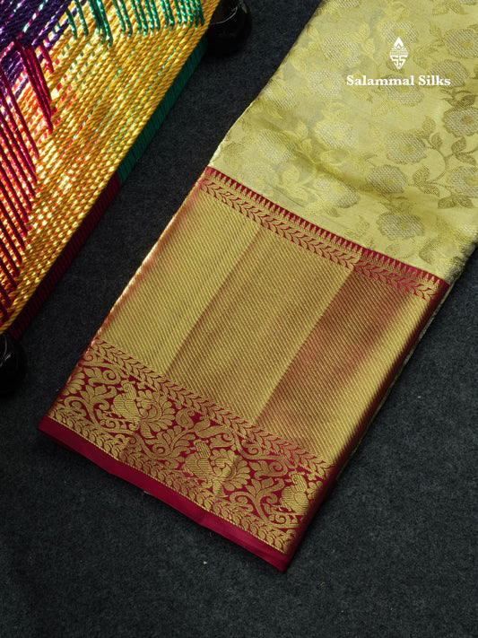 Pure Silk Pattu Pavadai Tissue (Gold) With Maroon Blouse 44"