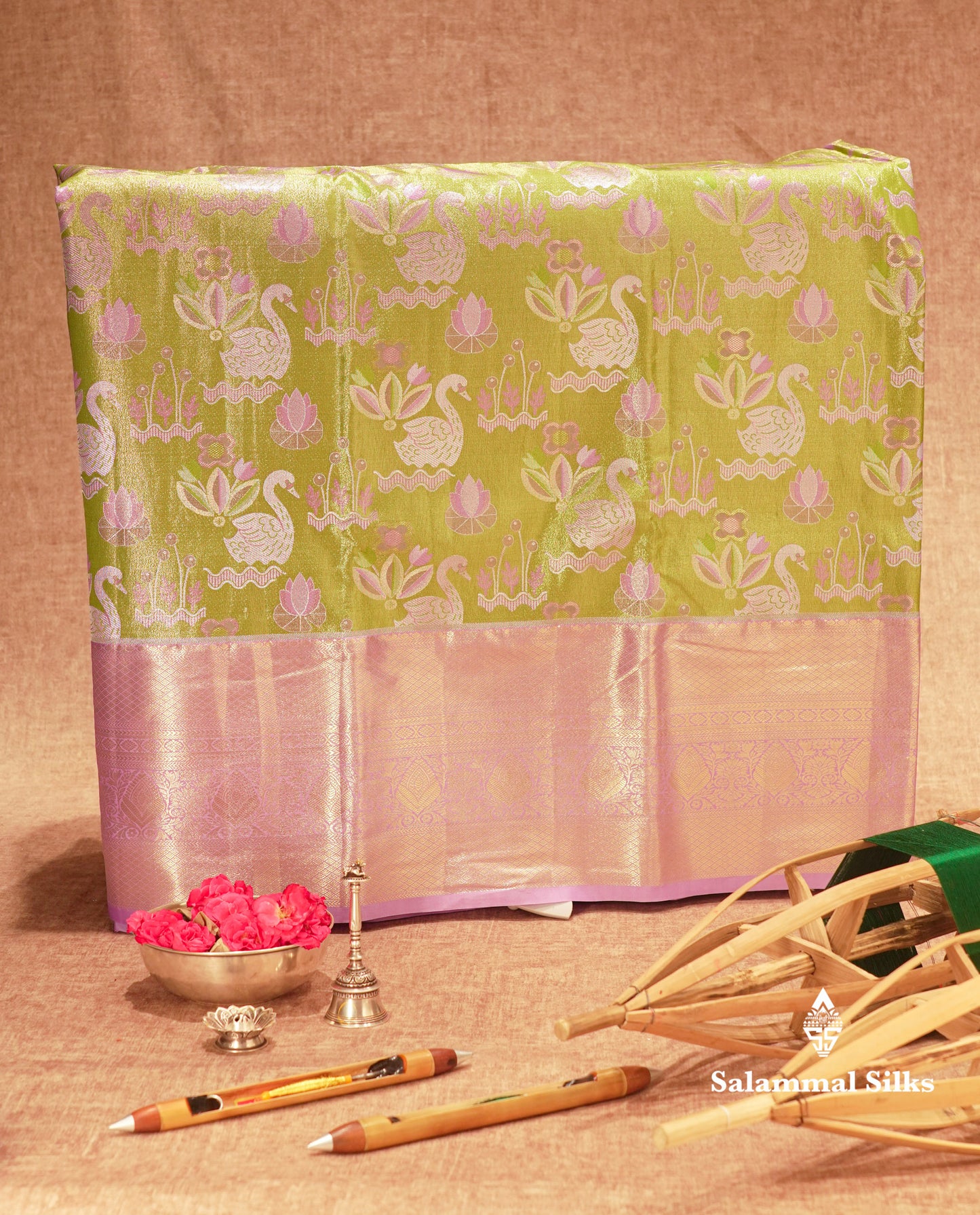 Semi Silk Pattu Pavadai (Green Tissue) With Lavender Blouse 45 "