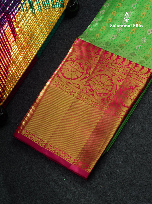 Pure Silk Pattu Pavadai (Parrot Green) With Pink Blouse 44"