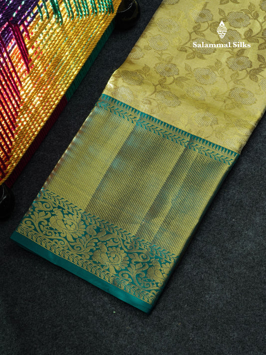 Pure Silk Pattu Pavadai Tissue (Gold) With Peacock Green Blouse 44"