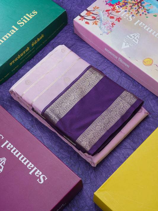 Baby Pink Semi Silk Saree With Contrast Dark Purple Traditional Rettapet Border