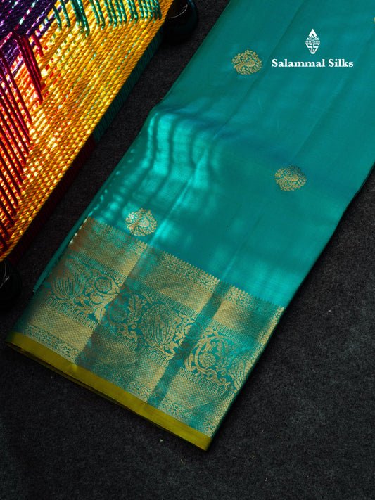 Pure Silk Pattu Pavadai (Sapphire Green) With Manthulir Green Blouse 44"