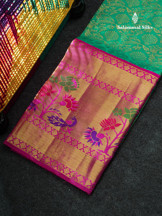 Pure Silk Pattu Pavadai (Sapphire Green) With Magenta Pink Blouse 44"
