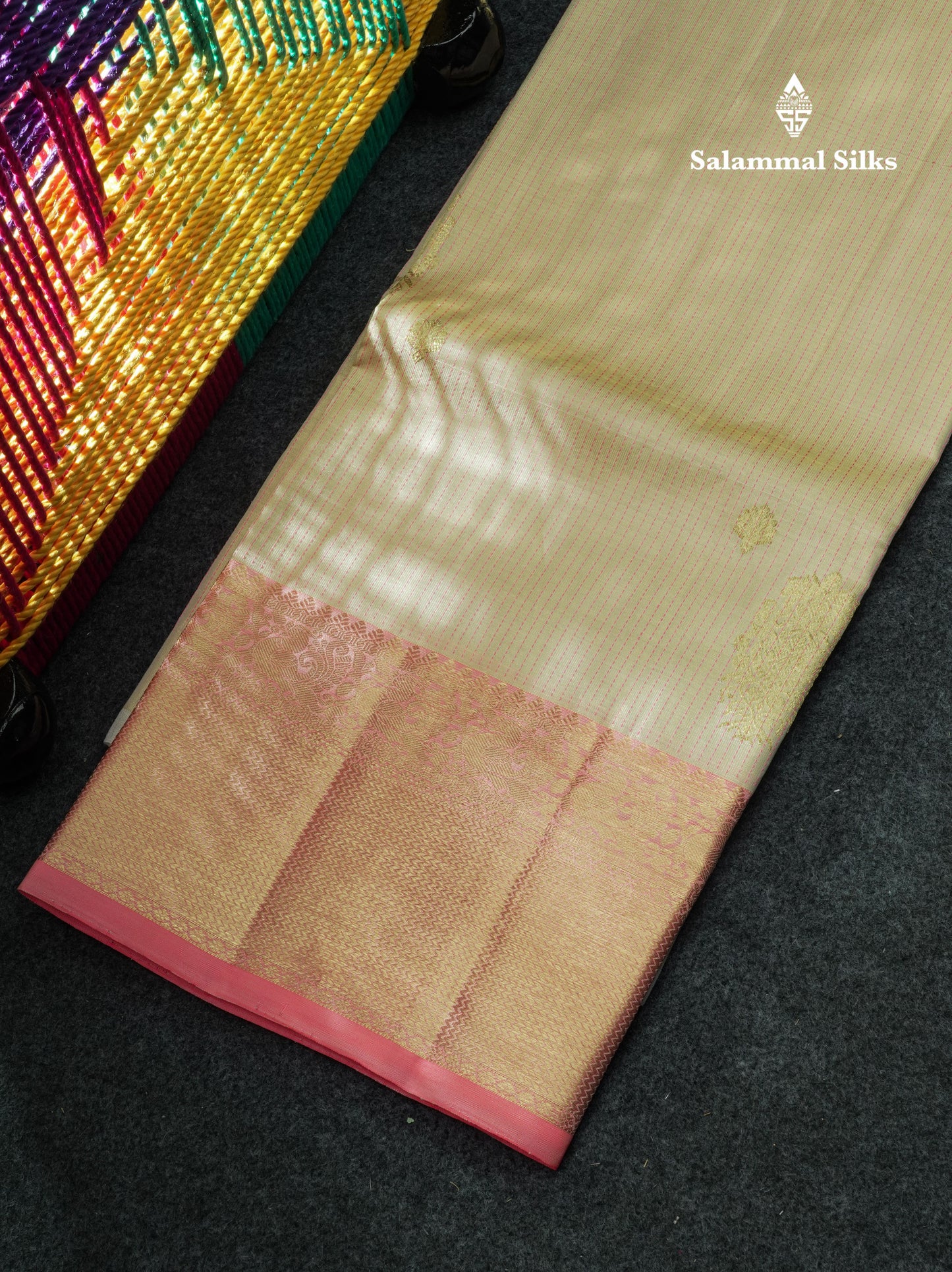 Pure Silk Pattu Pavadai Tissue (Beige) With Beige Blouse 44"