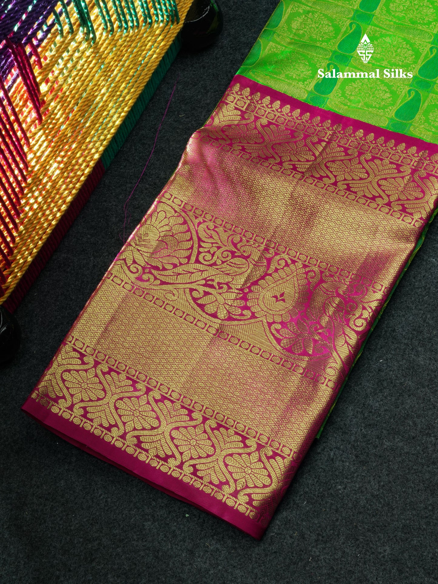 Pure Silk Pattu Pavadai (Green) With Magenta Blouse 44"