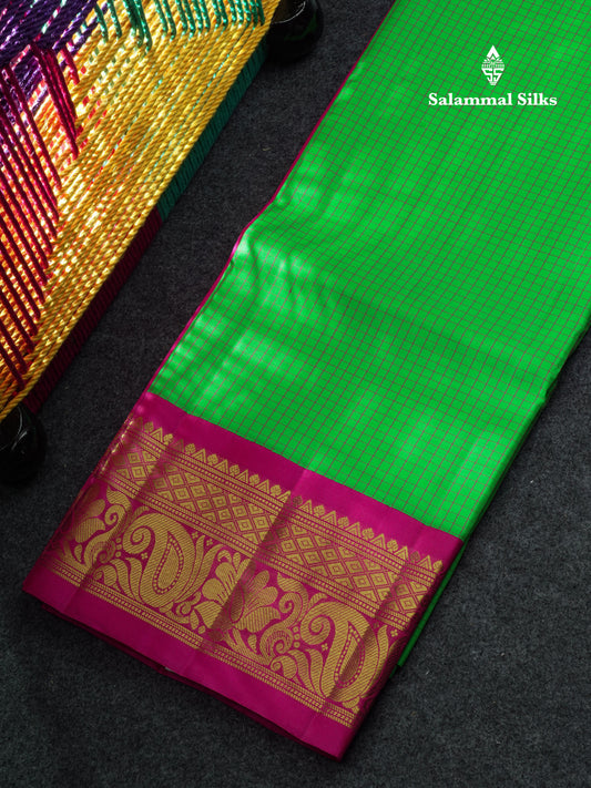 Pure Silk Pattu Pavadai Tiny Checks (Green) With Magenta Blouse 44"