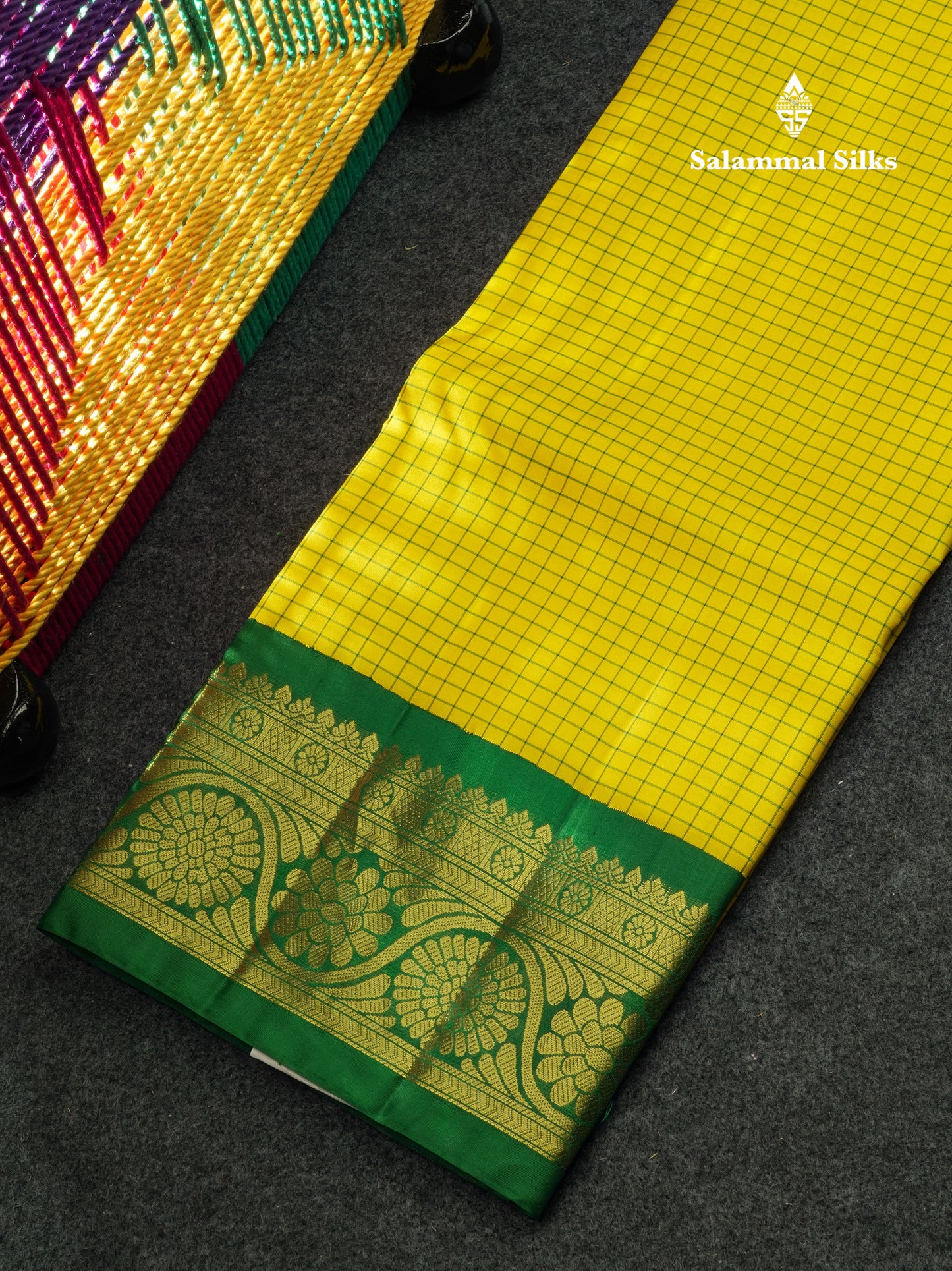 Pure Silk Pattu Pavadai Tiny Checks (Yellow) With Bottle Green Blouse 44"