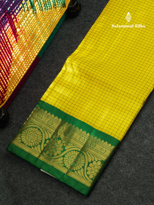 Pure Silk Pattu Pavadai Tiny Checks (Yellow) With Bottle Green Blouse 44"