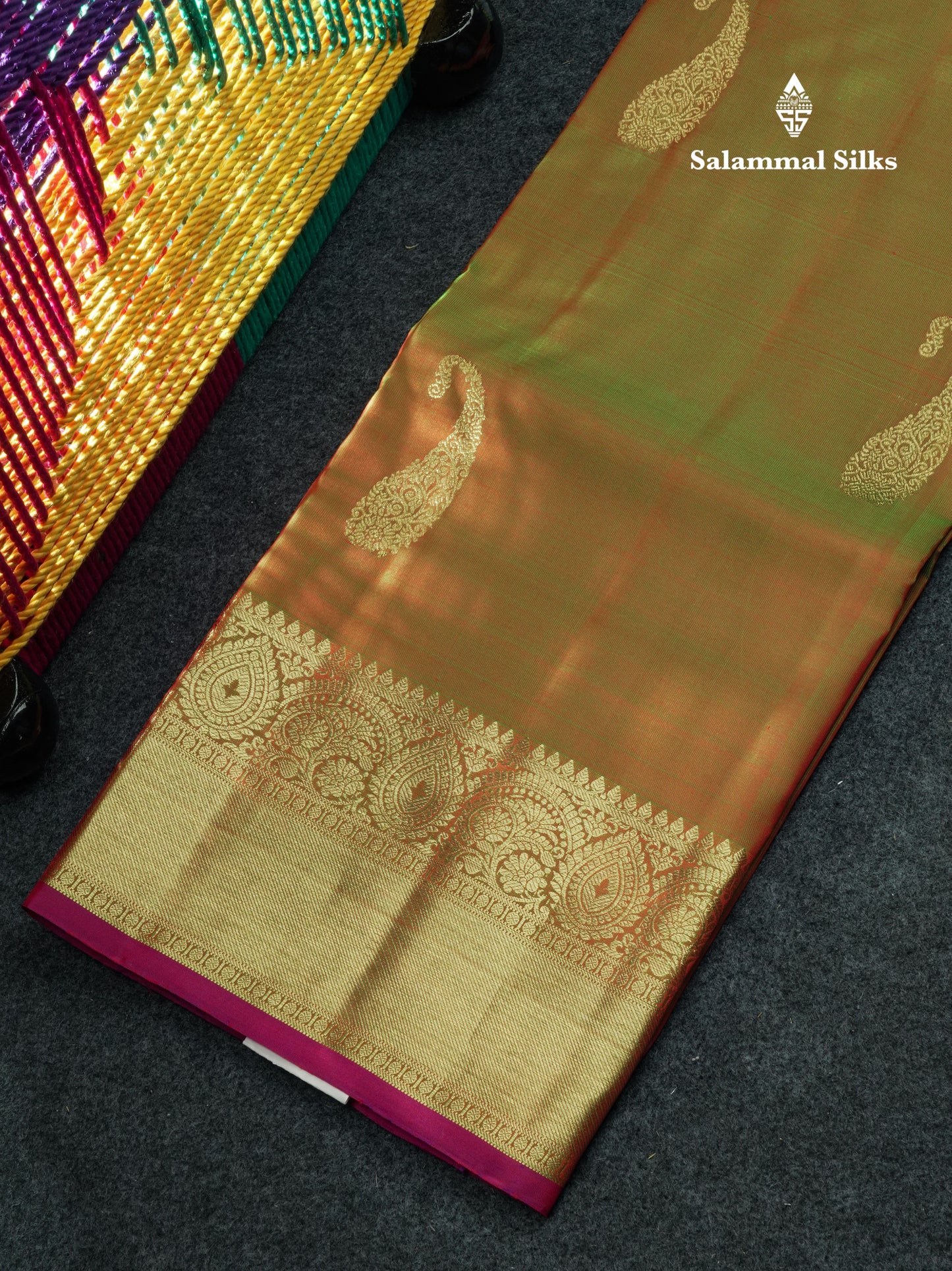 Dual Tone Pure Silk Pattu Pavadai (Brown & Green) With Purple Blouse 44"