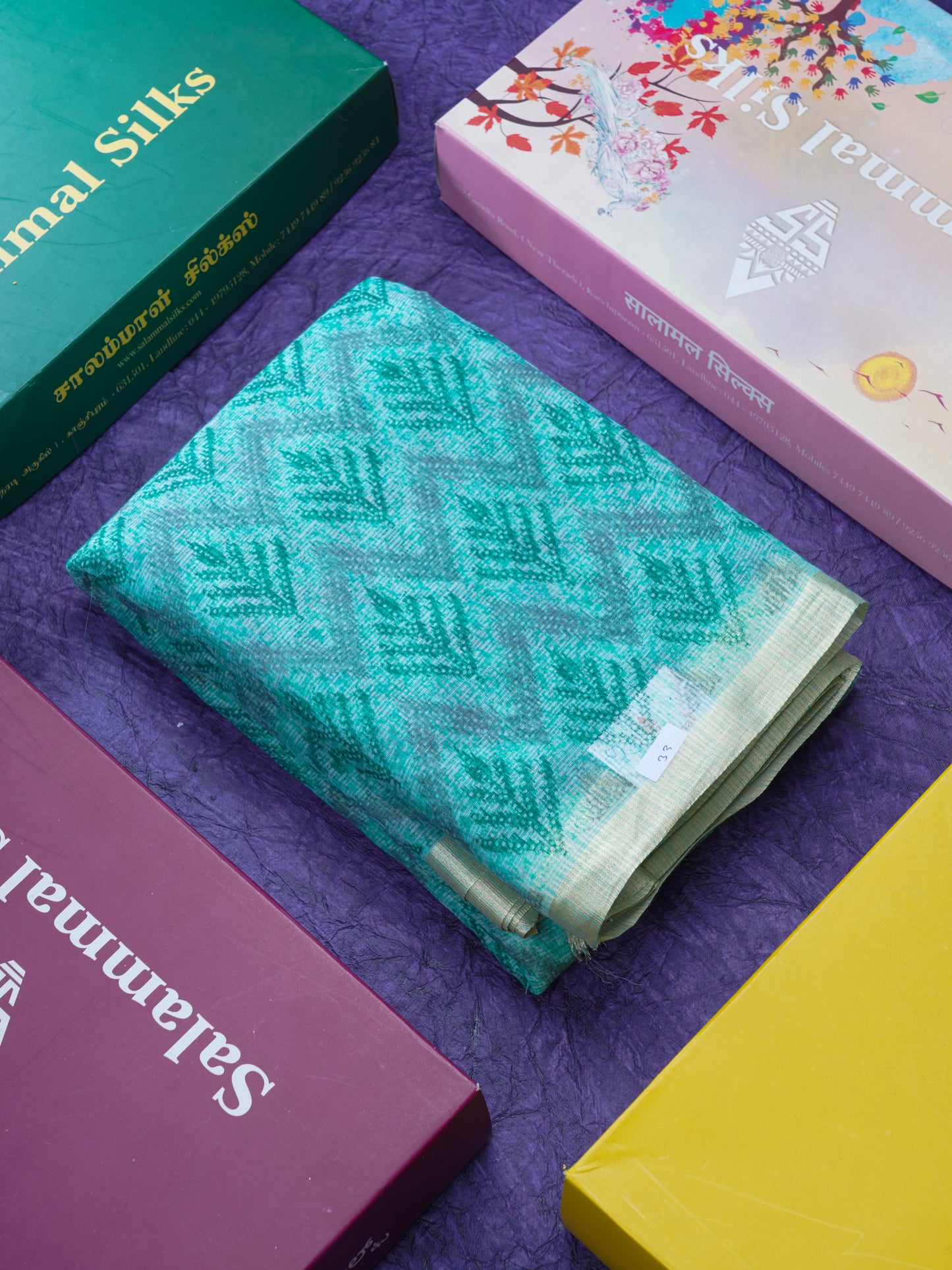 Sapphire Green Kota Cotton Saree With Small Ribbon Border